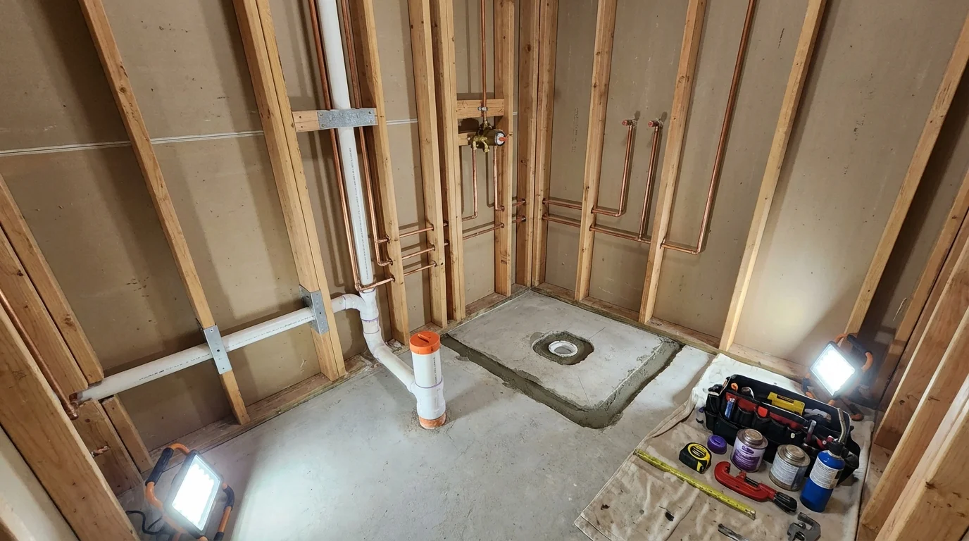 Bathroom rough-in plumbing during remodel by Johns Plumbing LLC in Moorcroft