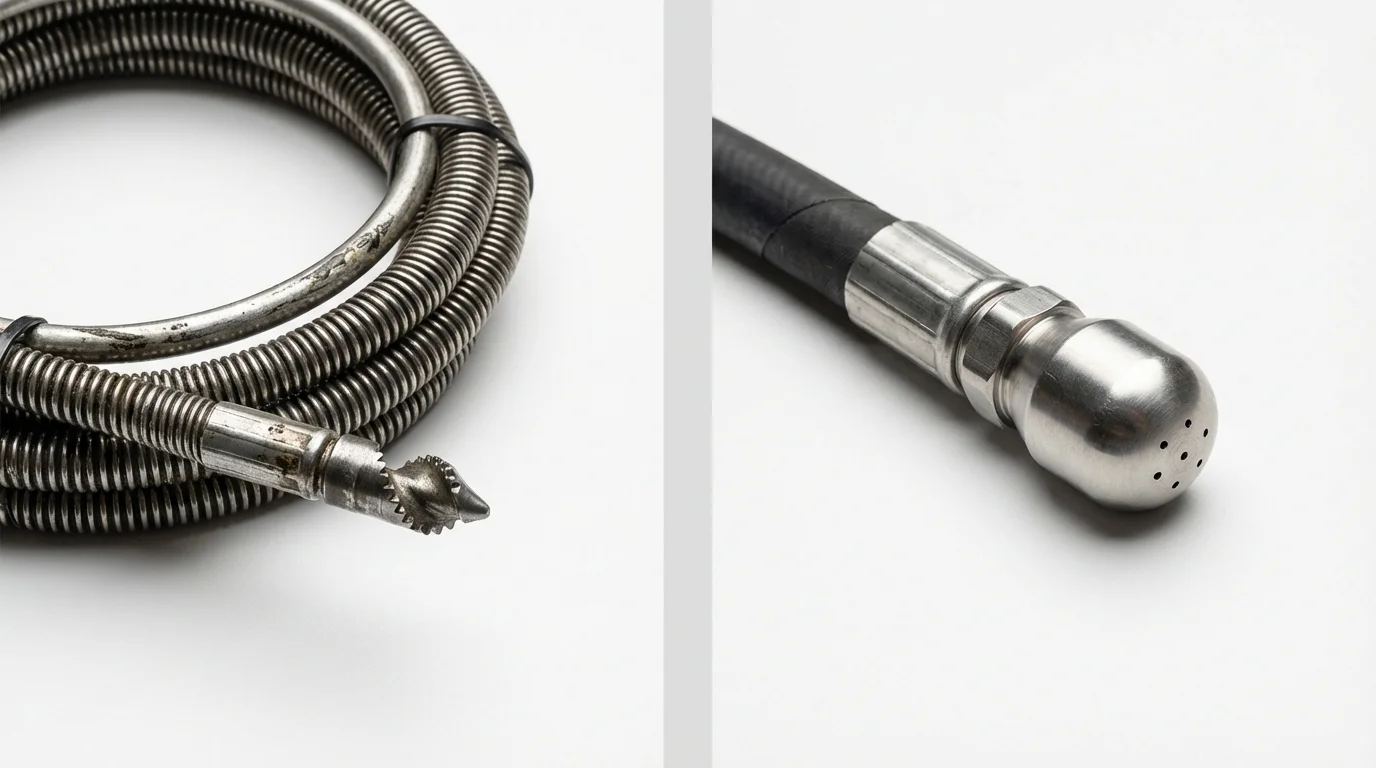 Drain snake cable and hydro jetting nozzle used for drain cleaning in Moorcroft, WY