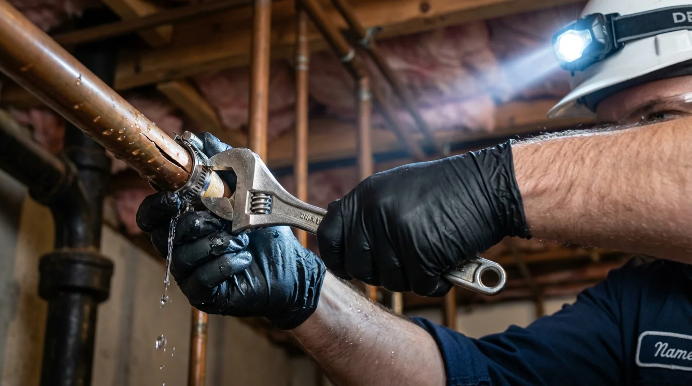 Emergency pipe clamp repair being performed by a Johns Plumbing LLC plumber in Moorcroft